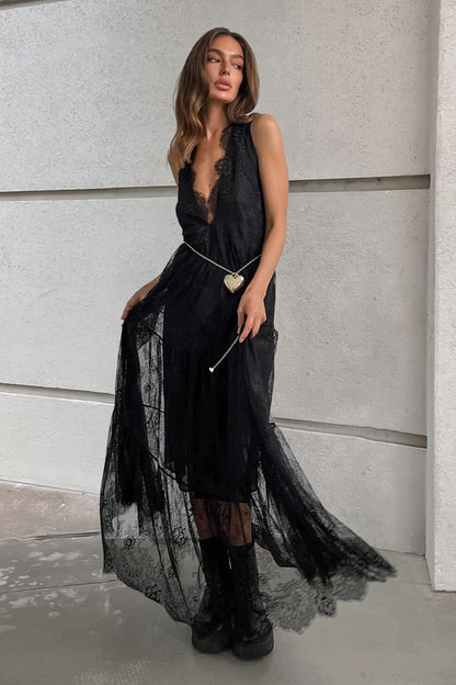 Sexy Solid V Neck Loose Lace Maxi Dress