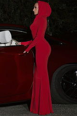 Solid Slim Hooded Mermaid Maxi Dress