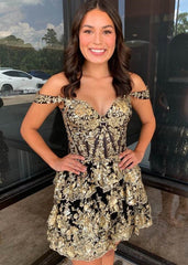Gold Black - A-Line Sweetheart Tiered Short Homecoming & Cocktail Dresses