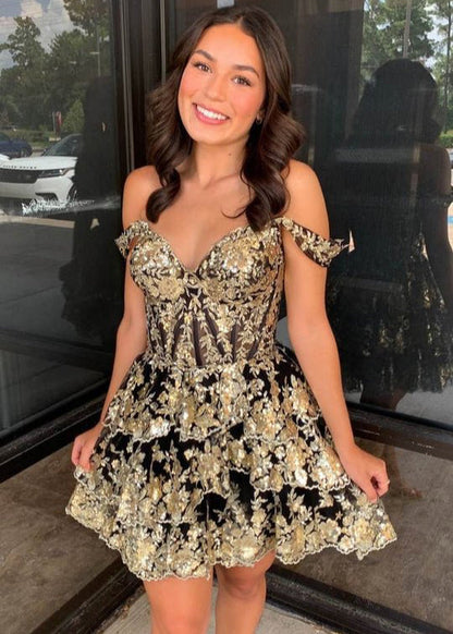 Gold Black - A-Line Sweetheart Tiered Short Homecoming & Cocktail Dresses