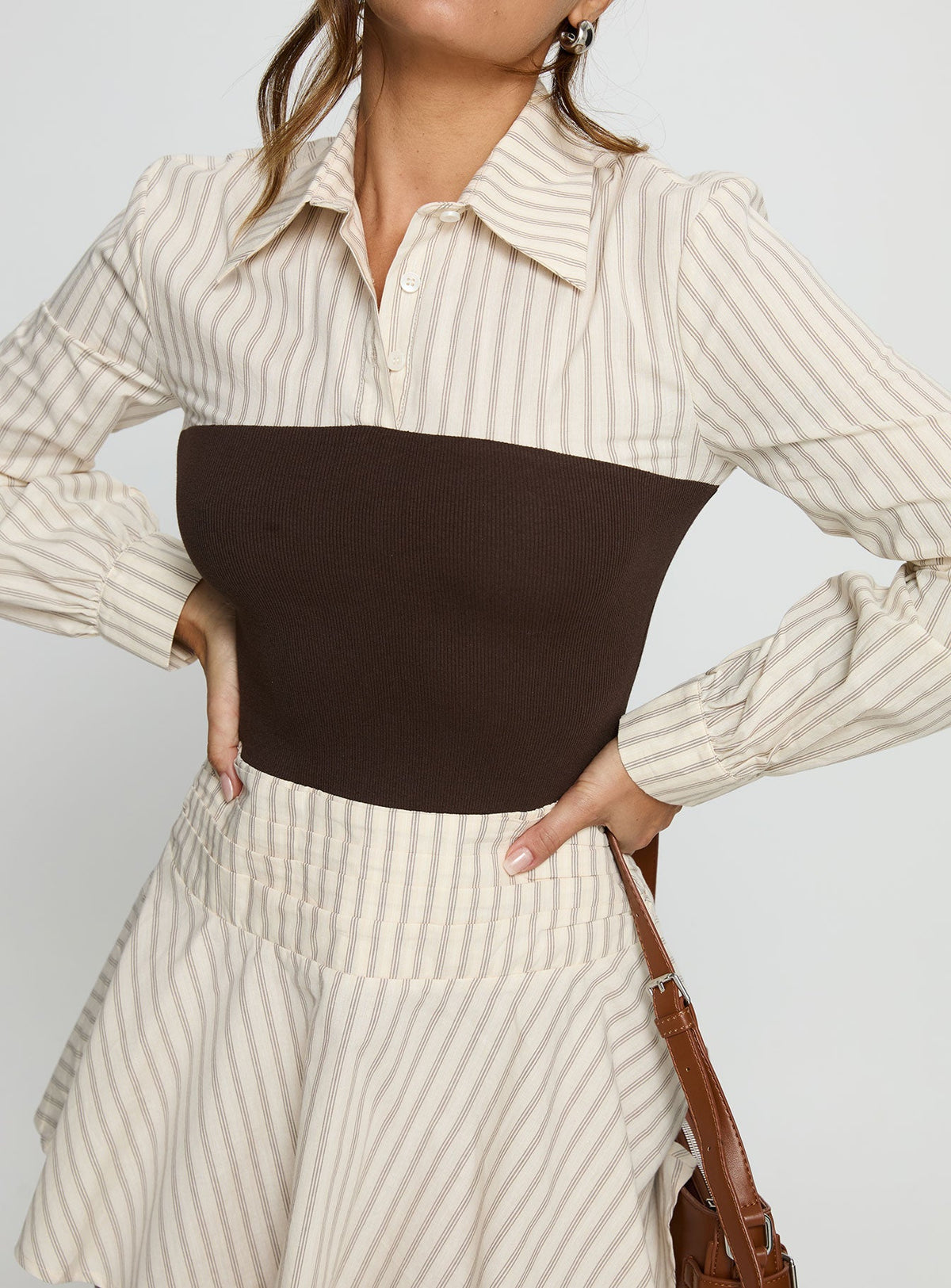 Belva Long Sleeve Corset Shirt Mini Dress Brown Stripe