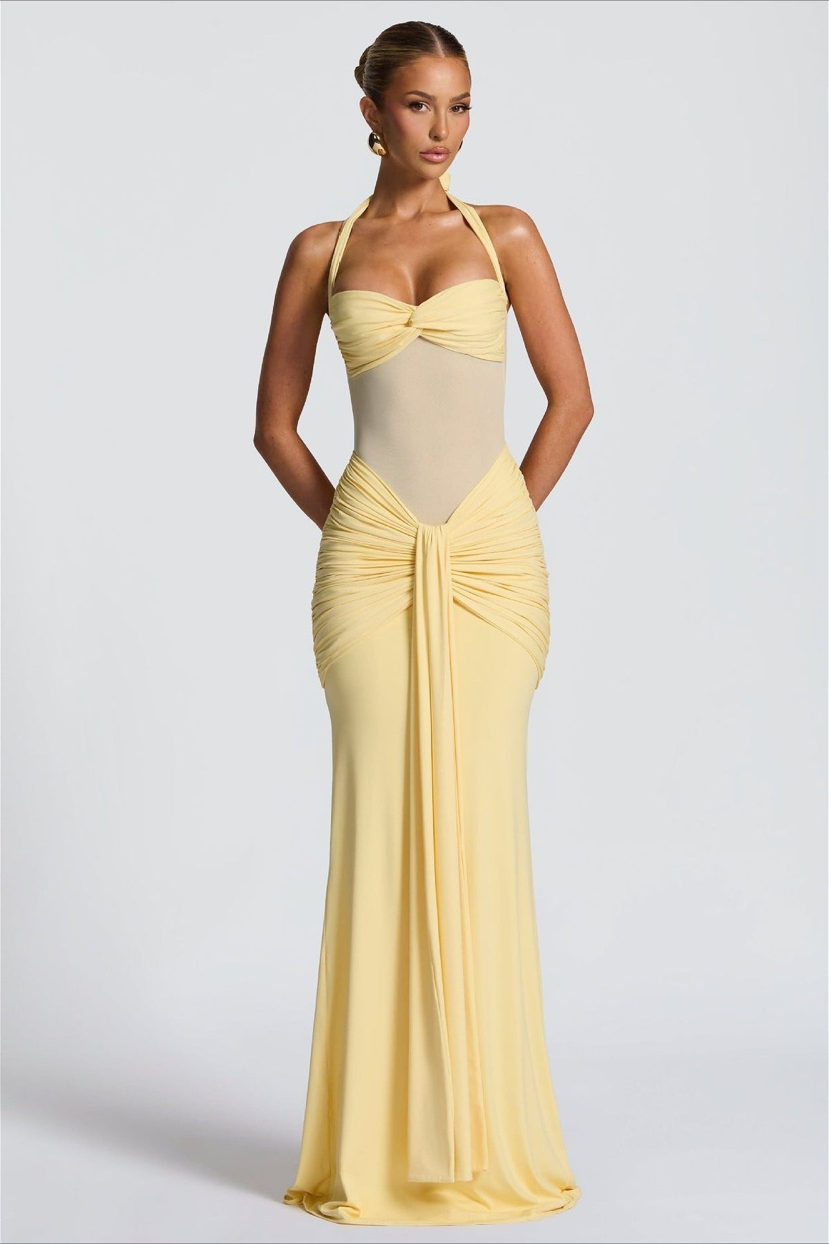 Sheer Mesh Sash Bodycon Maxi Dress