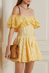 Elegant Designer Embroidery Hollow Out Cutout Waist Cinched Mini Dress
