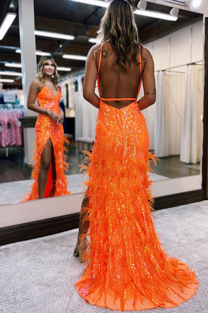 Jade Sequin Lace Spaghetti Straps Mermaid Prom Dresses with Slit