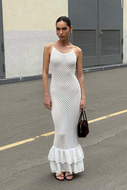 Boho Ruffle Knit Sexy Cutout Sheer Cami Maxi Dress