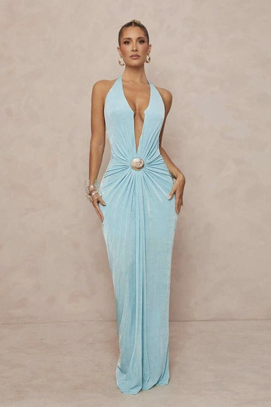 Deep V Halter Ruched Metal Trim Backless Maxi Dress
