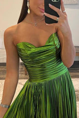 Green Metallic Sweetheart Pleated A-Line Long Prom Dresses