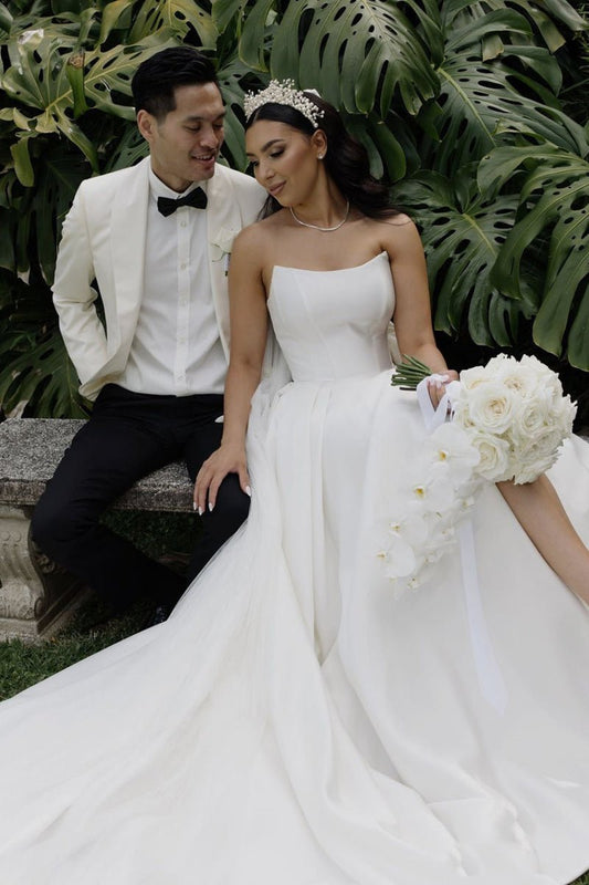 Elegant A-Line Strapless Satin Wedding Dress with Slit