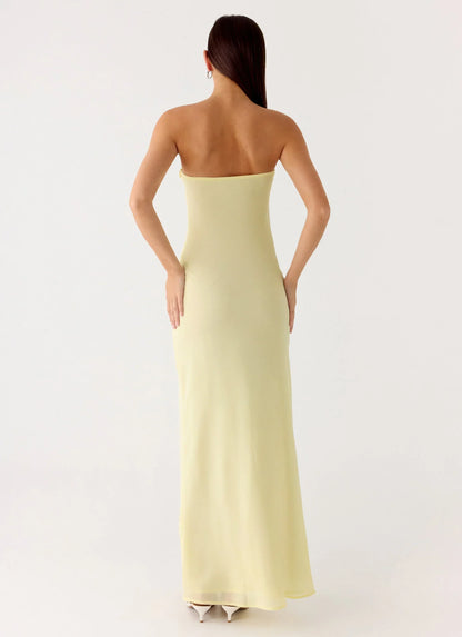 Sassafras Beaded Flower Strapless Maxi Dress - Yellow