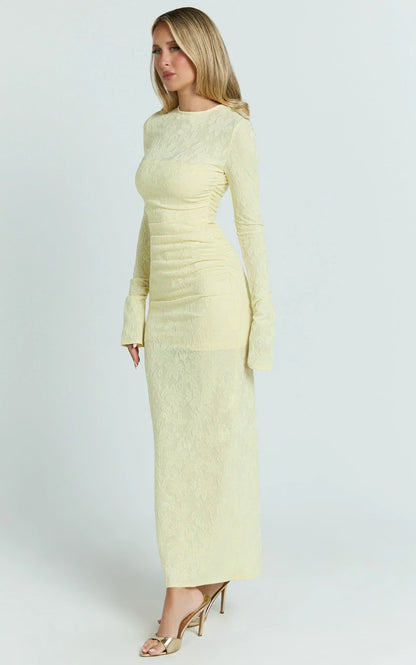 Kayrene Maxi Dress - Long Sleeve Bodycon Dress in Butter Yellow