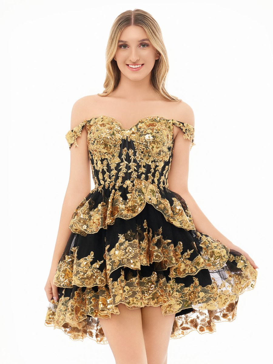 Gold Black - A-Line Sweetheart Tiered Short Homecoming & Cocktail Dresses