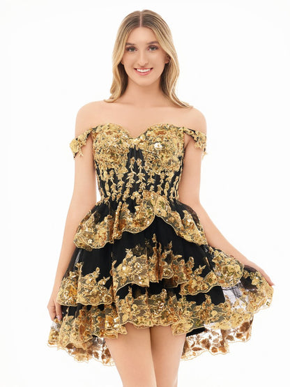 Gold Black - A-Line Sweetheart Tiered Short Homecoming & Cocktail Dresses