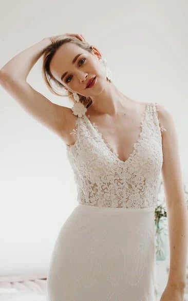 Lace Sleeveless Elegant Mermaid Plunging V-neck Bridal Gown With Deep V-back And Buttons