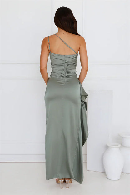 Extra Special One Shoulder Satin Maxi Dress Sage