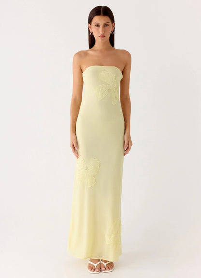 Sassafras Beaded Flower Strapless Maxi Dress - Yellow
