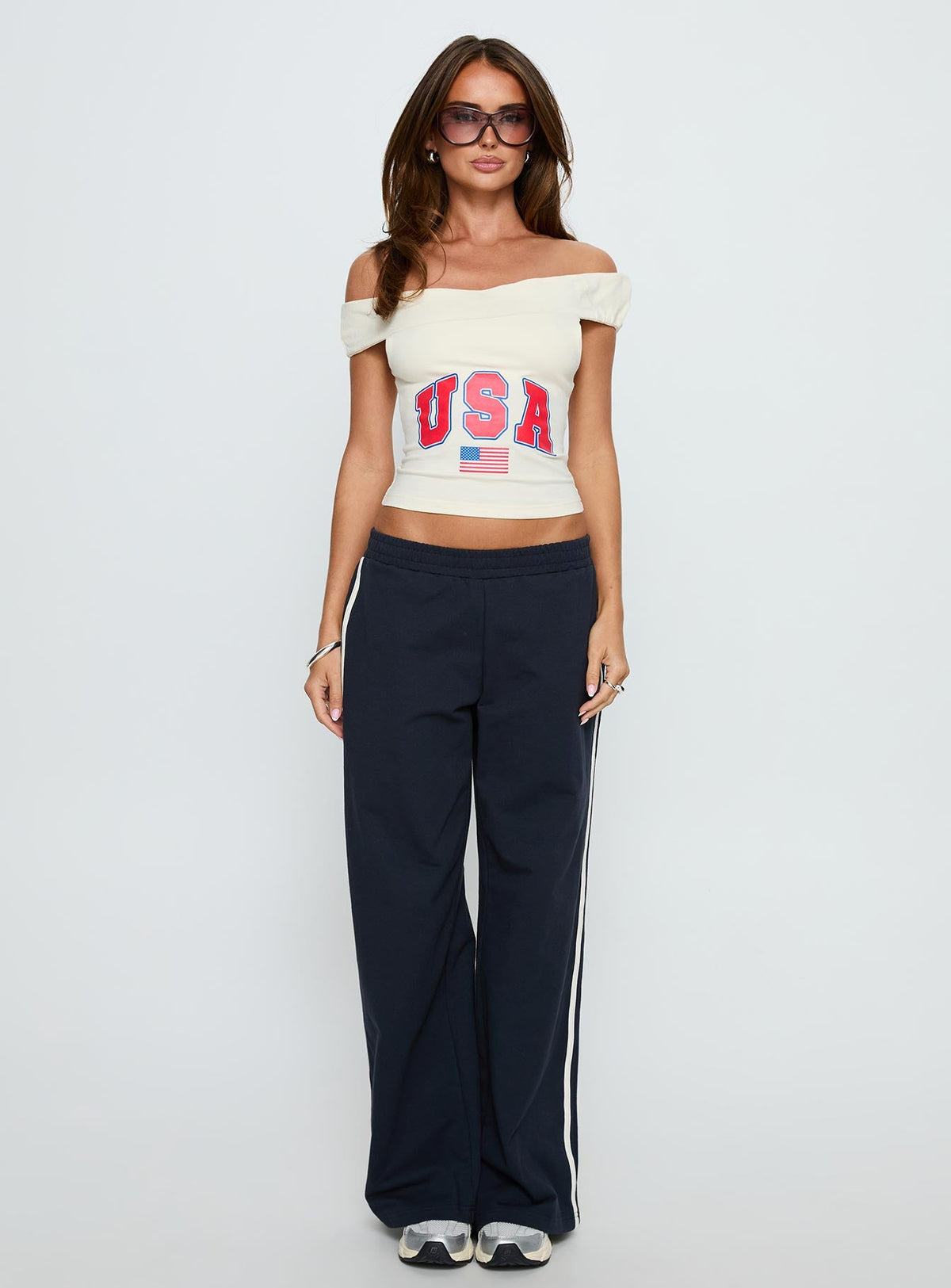 American Spirit Off the Shoulder Graphic Top Cream