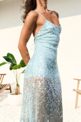 Solid Patchwork Sheer Backless Cami Sequin Maxi Dress