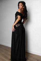 Draped Off Shoulder Lace Slit Maxi Dress