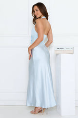 Petal Lane Mesh Satin Halter Maxi Dress Blue