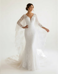Ivory Long Sleeve Cape Lace Mermaid Wedding Dress with Appliques