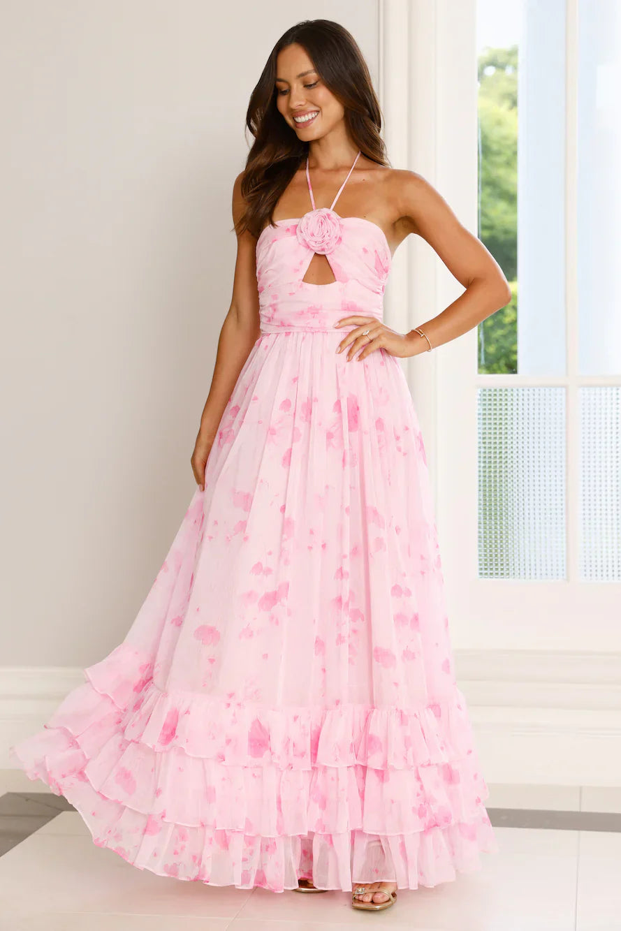 Floral Essence Halter Maxi Dress Pink