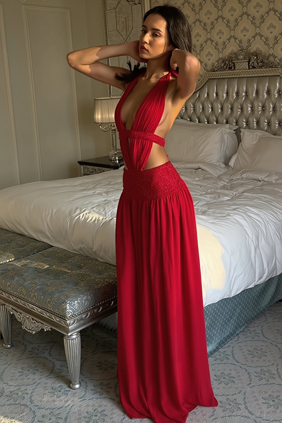 Chic Lace Trim Halter Neck Open Back A Line Maxi Dress