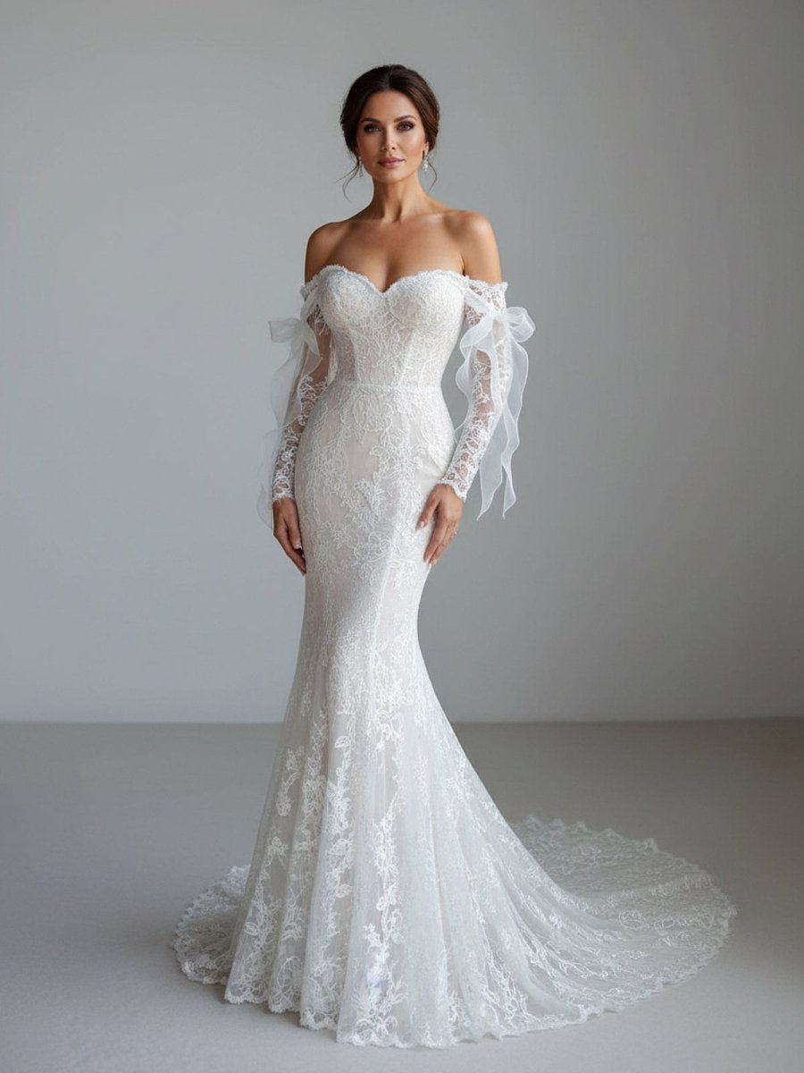Lace Mermaid Covered-Button Long Sleeve Train Wedding Dress