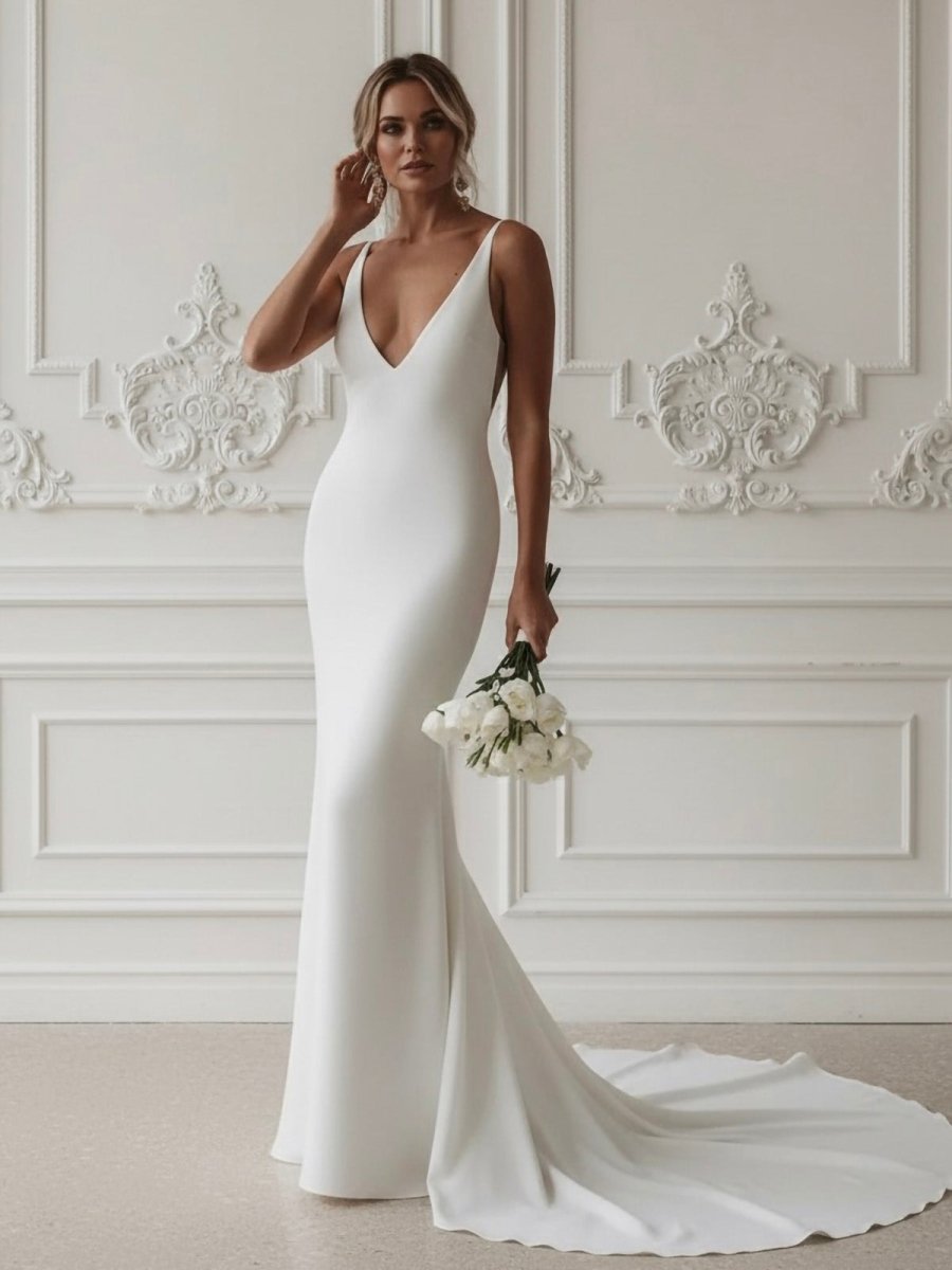 Elegant Mermaid V-Neck Elastic Satin Long Wedding Dresses