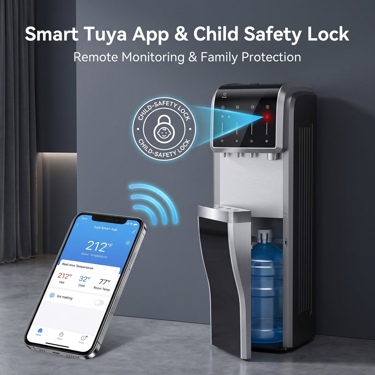 5-In-1 Bottom Loading Water Cooler Water Dispenser with Crushed & Chewable Ice Maker, Child Safety Lock Inset