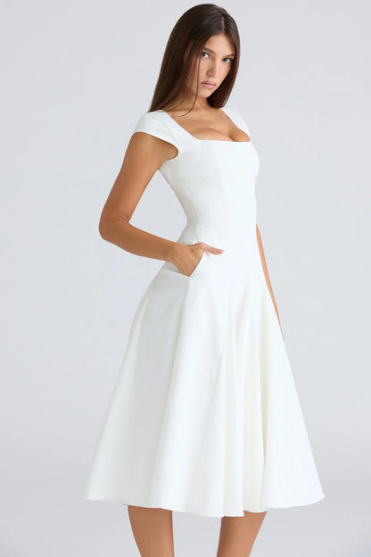 white square neck twill midi dress