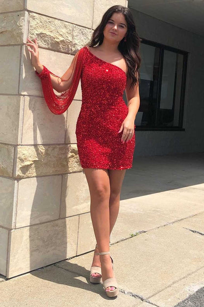 Gold Sheath One Shoulder Sequins Mini Party Dresses