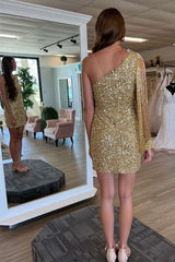 Gold Sheath One Shoulder Sequins Mini Party Dresses