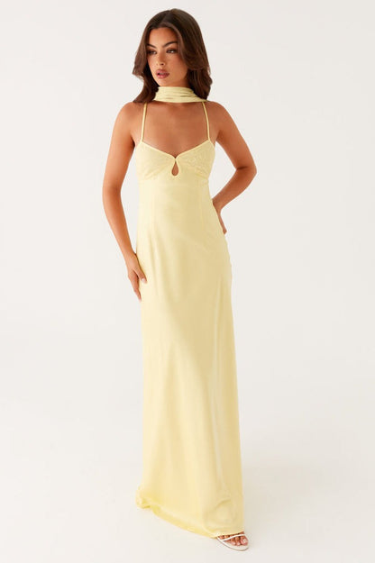 V Neck Tie Back Satin Maxi Dress