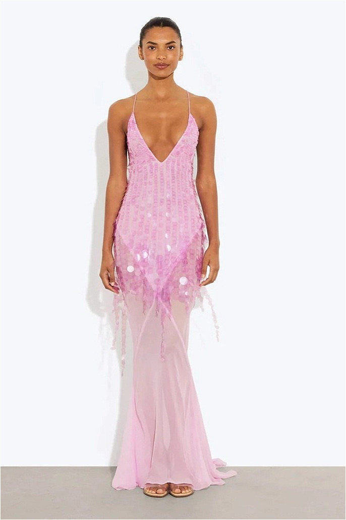 Sequin Mermaid V Neck Maxi Dress