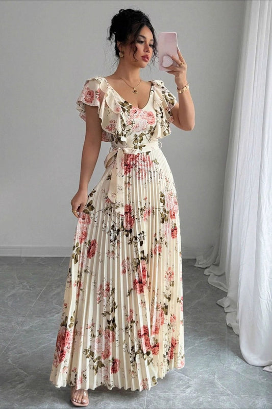 Floral Print Ruffle Sleeve V Neck Pleated Elegant Maxi Dress