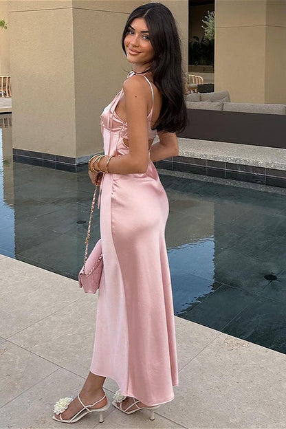 Satin Solid Strapless V Neck Tie Maxi Dress