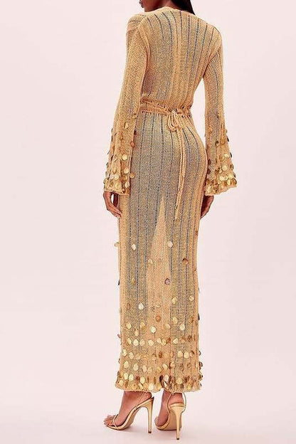 V Neck Belted Sequin Knit Maxi Dress