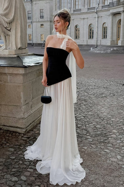 Elegant Flared Wavy Trim Color Block Maxi Dress