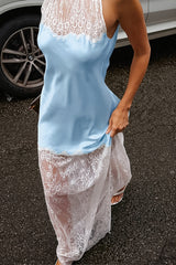 Chic Lace Trim Satin Halter Neck Slim Maxi Dress