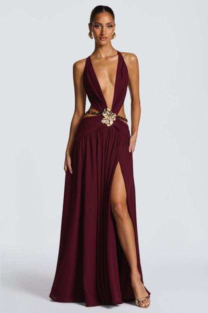 Halter Deep V Tie Backless High Slit Maxi Dress