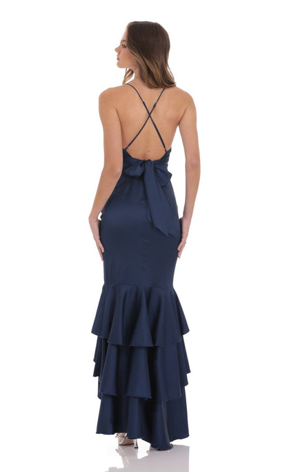 Satin Ruffle Fishtail Maxi Dress in Navy