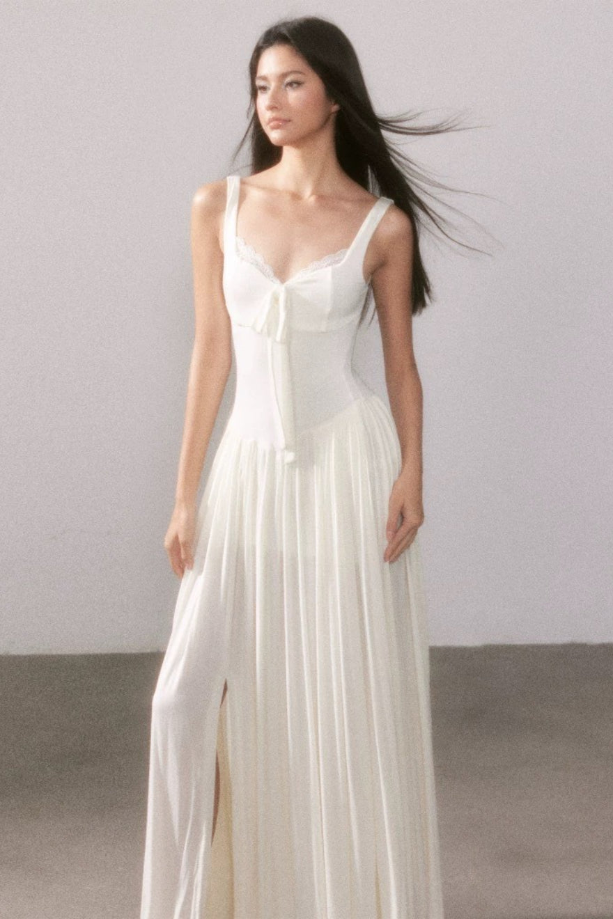 Lace Knit Cami Slit Flowy Maxi Dress