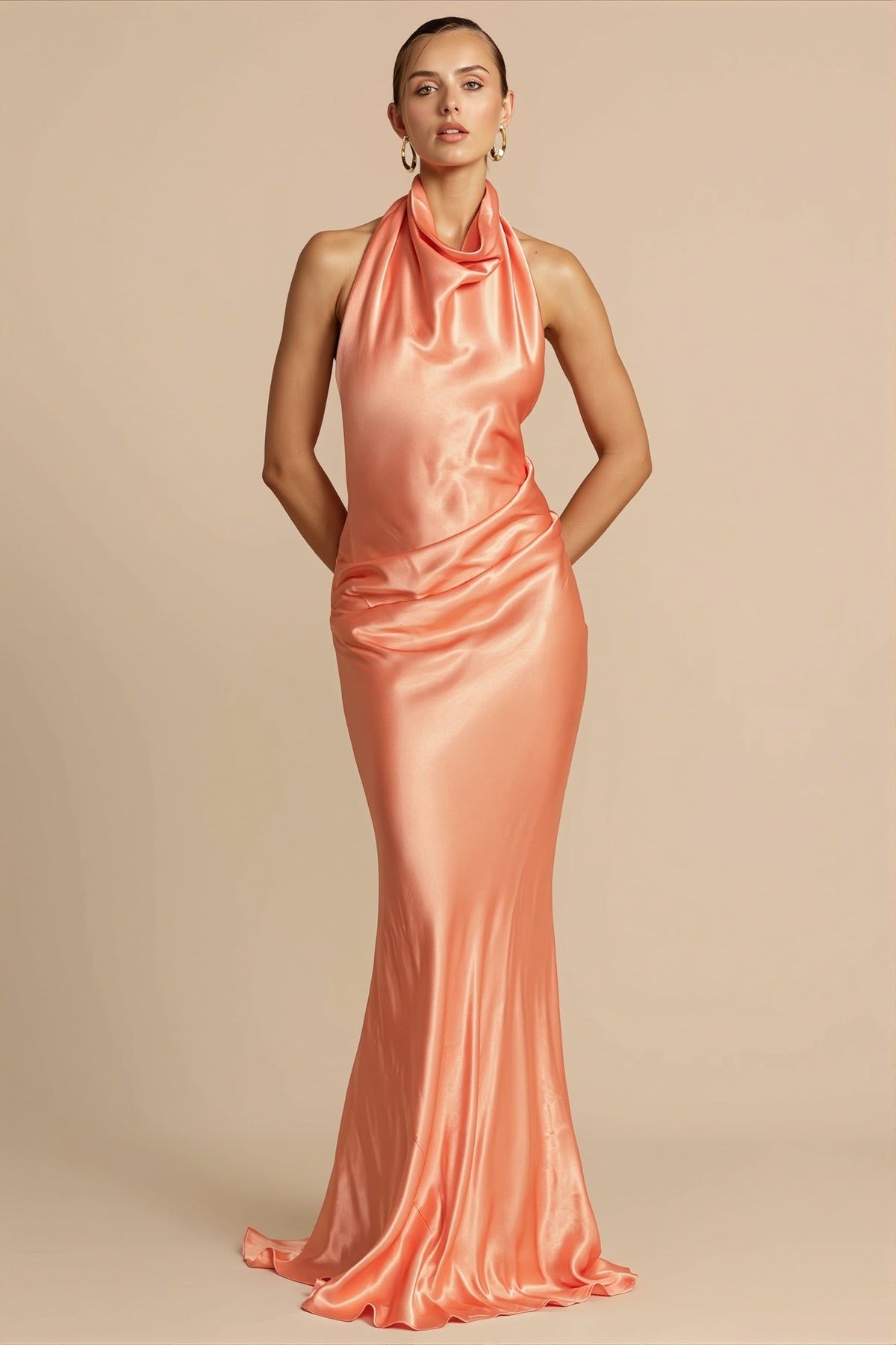 Solid Satin Halter Backless Maxi Dress