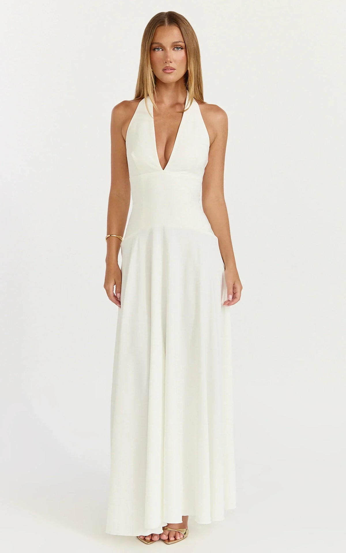 Poppy Maxi Dress - Contrast Skirt Deep Plunge Halter Dress in Off White