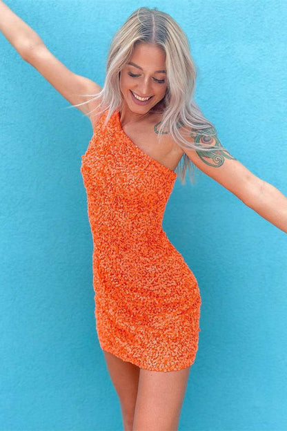 Hot Pink Sheath One Shoulder Sequins Mini Party Dresses