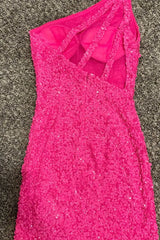 Hot Pink Sheath One Shoulder Sequins Mini Party Dresses