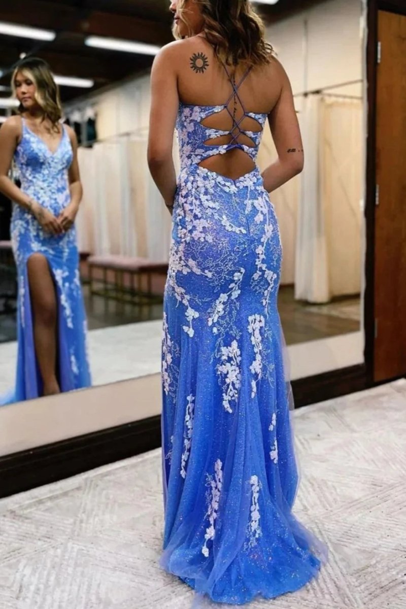 Glitter Blue Mermaid Lace Long Prom Dress with Slit
