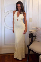 Lace Halter Tie Back Bodycon Maxi Dress