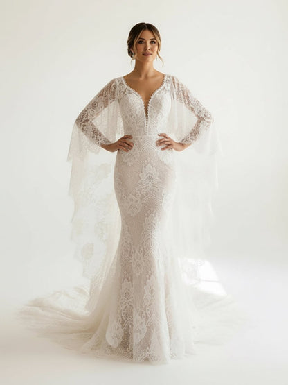 Ivory Long Sleeve Cape Lace Mermaid Wedding Dress with Appliques