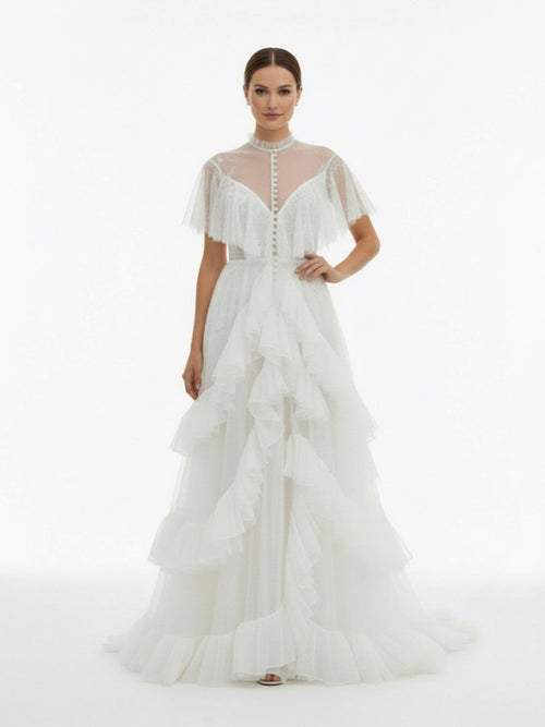 High Split A-Line See-through Short Sleeves Ruffle Tulle Wedding Dresses
